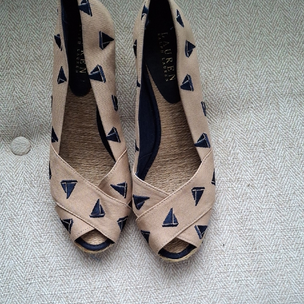 Lauren Ralph Lauren Tan Canvas Flats with Navy Sailboat Embroidery - Picture 2 of 7
